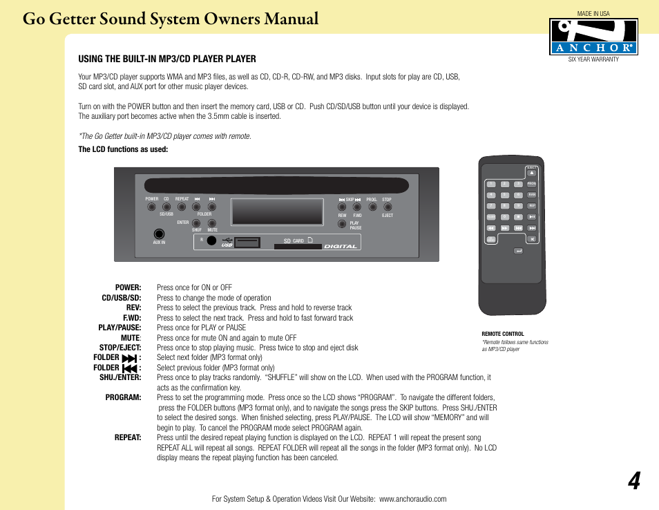 Go getter sound system owners manual, Using the built-in mp3/cd player player | Anchor Audio Go Getter User Manual | Page 4 / 9