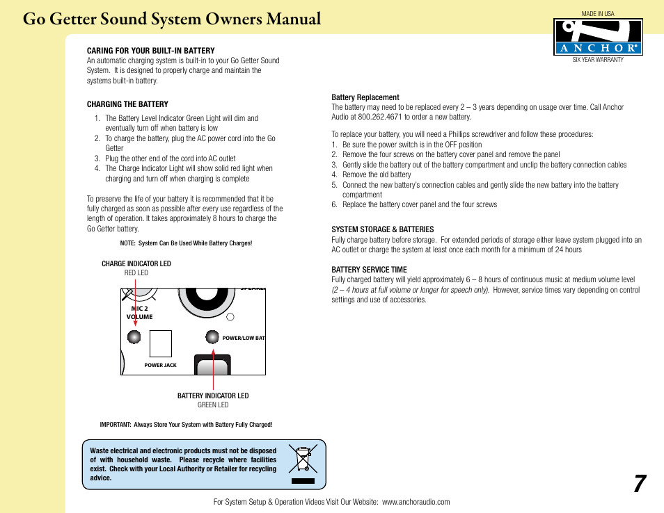 Go getter, Go getter sound system owners manual | Anchor Audio Go Getter User Manual | Page 7 / 9