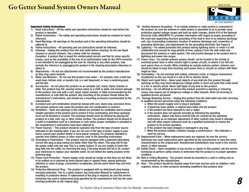 Go getter sound system owners manual | Anchor Audio Go Getter User Manual | Page 8 / 9