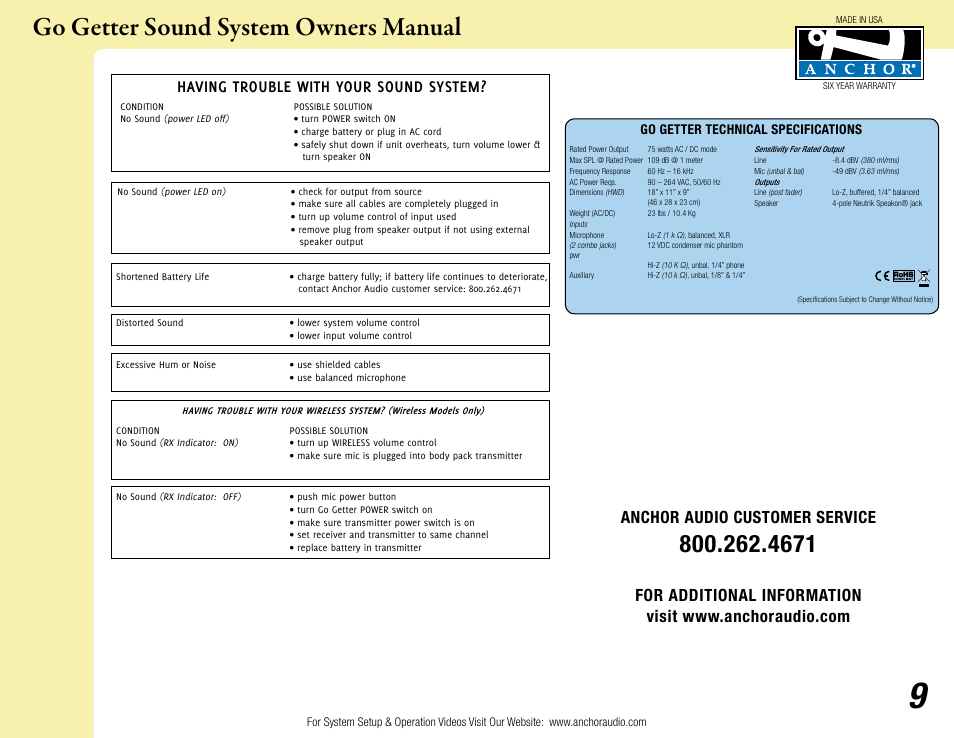Go getter sound system owners manual, Anchor audio customer service, Having trouble with your sound system | Anchor Audio Go Getter User Manual | Page 9 / 9