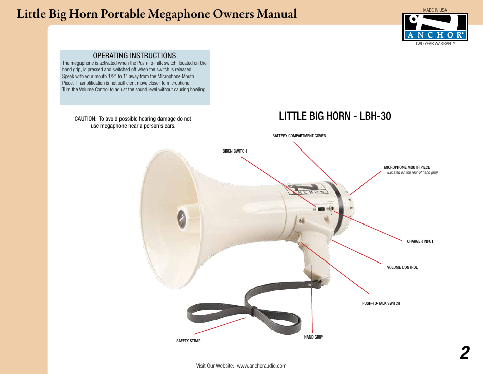 Little big horn portable megaphone owners manual, Little big horn - lbh-30 | Anchor Audio Little Big Horn User Manual | Page 2 / 5