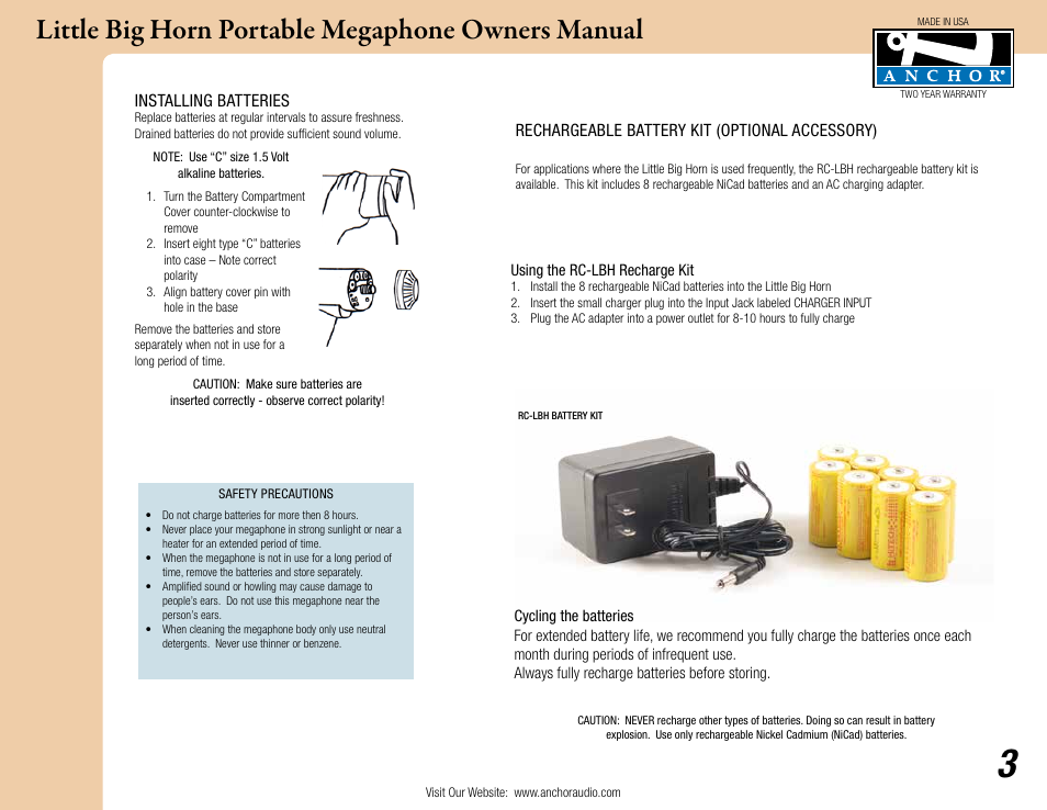 Little big horn portable megaphone owners manual | Anchor Audio Little Big Horn User Manual | Page 3 / 5
