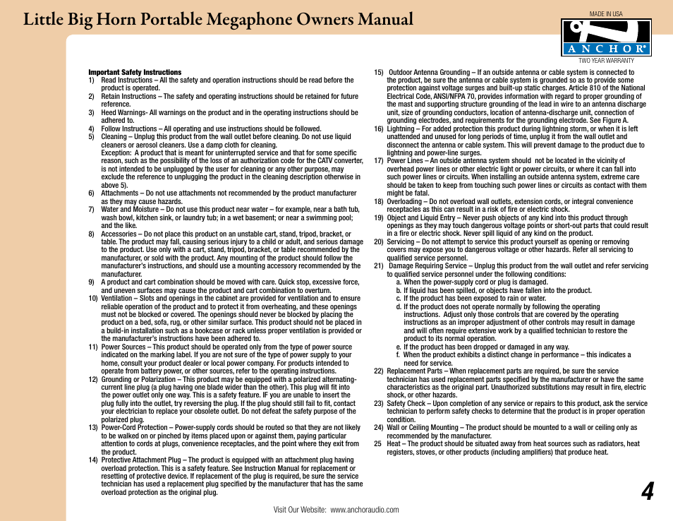 Little big horn portable megaphone owners manual | Anchor Audio Little Big Horn User Manual | Page 4 / 5