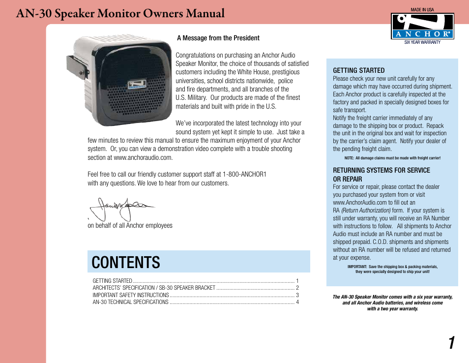 Anchor Audio AN-30 Speaker Monitor User Manual | 4 pages