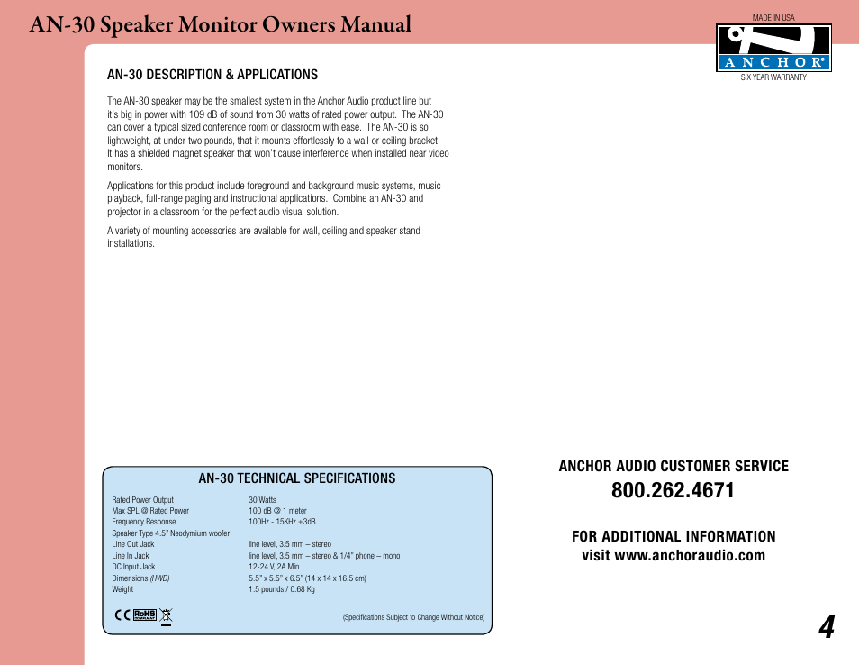 An-30 speaker monitor owners manual, Anchor audio customer service | Anchor Audio AN-30 Speaker Monitor User Manual | Page 4 / 4