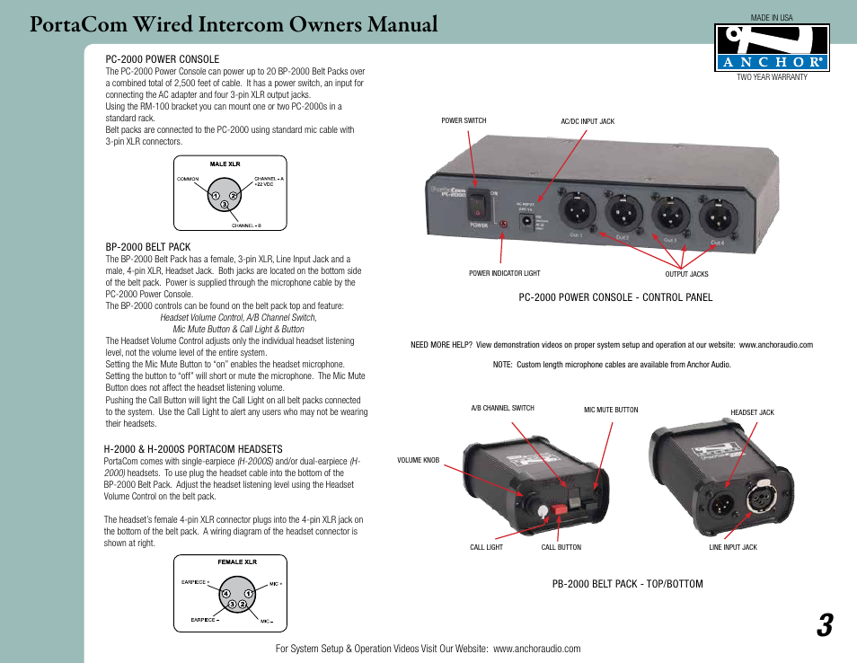 Portacom wired intercom owners manual | Anchor Audio PortaCom User Manual | Page 3 / 5