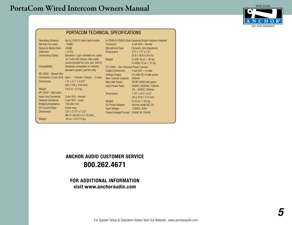Portacom wired intercom owners manual, Anchor audio customer service, Portacom technical specifications | Anchor Audio PortaCom User Manual | Page 5 / 5