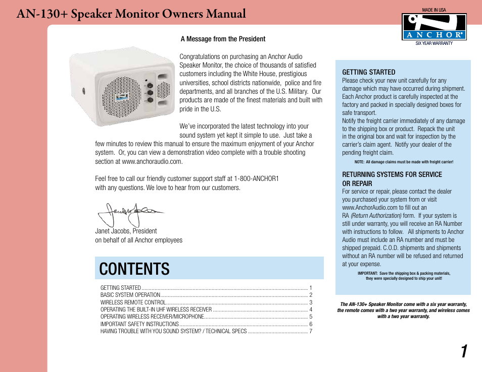 Anchor Audio AN-130+ Speaker Monitor User Manual | 7 pages
