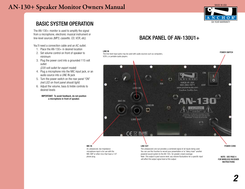 An-130+ speaker monitor owners manual, Back panel of an-130u1+ basic system operation | Anchor Audio AN-130+ Speaker Monitor User Manual | Page 2 / 7