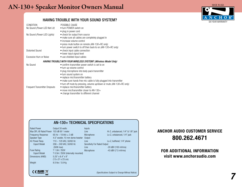 An-130+ speaker monitor owners manual, Anchor audio customer service, An-130+ technical specifications | Having trouble with your sound system | Anchor Audio AN-130+ Speaker Monitor User Manual | Page 7 / 7