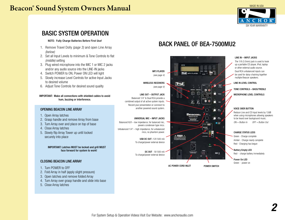 Beacon® sound system owners manual, Basic system operation | Anchor Audio Beacon Line Array User Manual | Page 2 / 8