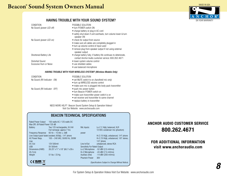 Beacon® sound system owners manual, Anchor audio customer service, Beacon technical specifications | Having trouble with your sound system | Anchor Audio Beacon Line Array User Manual | Page 8 / 8