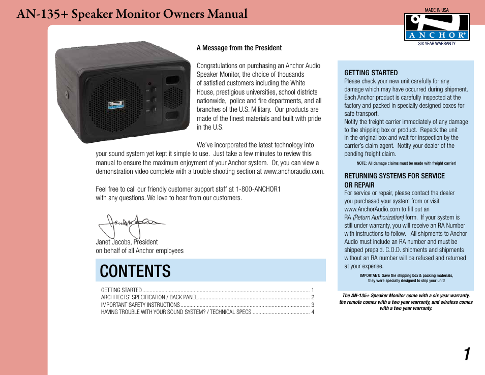 Anchor Audio AN-135+ Speaker Monitor User Manual | 4 pages