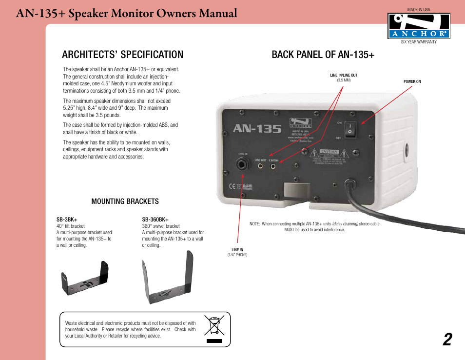 An-135+ speaker monitor owners manual, Back panel of an-135+ architects’ specification | Anchor Audio AN-135+ Speaker Monitor User Manual | Page 2 / 4