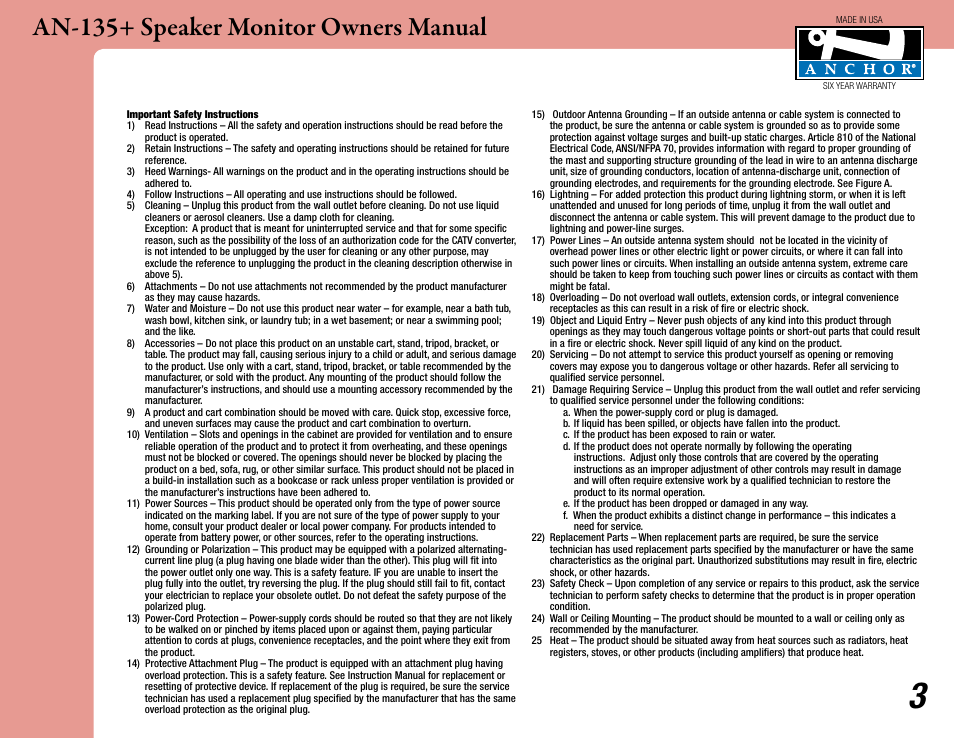 An-135+ speaker monitor owners manual | Anchor Audio AN-135+ Speaker Monitor User Manual | Page 3 / 4