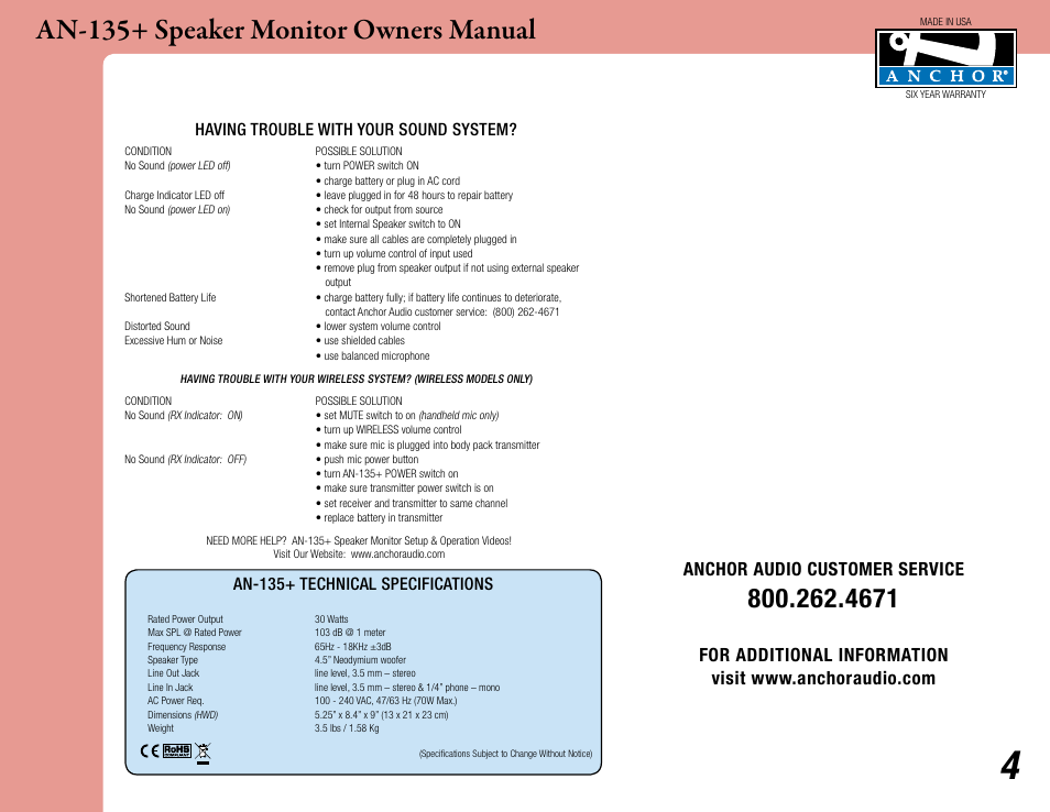 An-135+ speaker monitor owners manual, Anchor audio customer service, An-135+ technical specifications | Having trouble with your sound system | Anchor Audio AN-135+ Speaker Monitor User Manual | Page 4 / 4