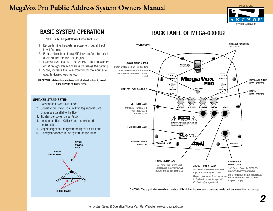 Megavox pro public address system owners manual | Anchor Audio MegaVox Pro Public Address System User Manual | Page 2 / 9