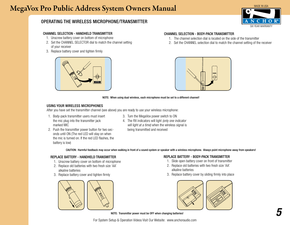 Megavox pro public address system owners manual | Anchor Audio MegaVox Pro Public Address System User Manual | Page 5 / 9