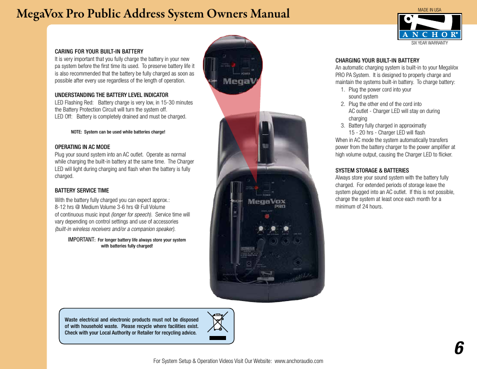 Megavox pro public address system owners manual | Anchor Audio MegaVox Pro Public Address System User Manual | Page 6 / 9