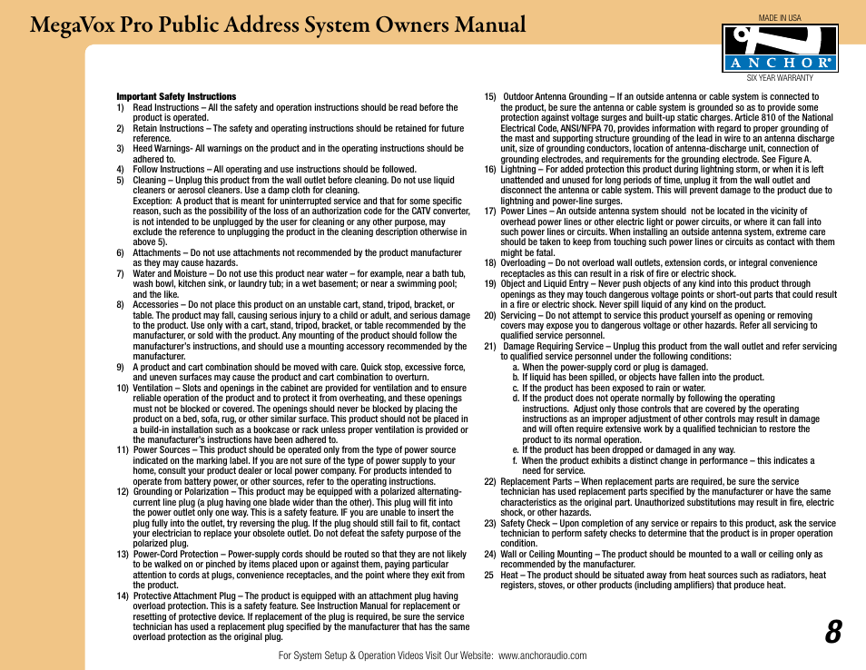 Megavox pro public address system owners manual | Anchor Audio MegaVox Pro Public Address System User Manual | Page 8 / 9