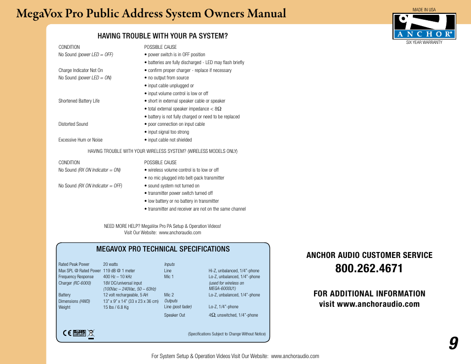 Megavox pro public address system owners manual, Anchor audio customer service, Having trouble with your pa system | Megavox pro technical specifications | Anchor Audio MegaVox Pro Public Address System User Manual | Page 9 / 9