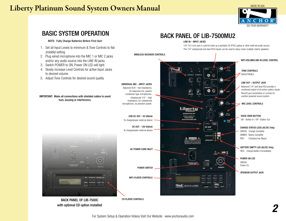 Liberty platinum sound system owners manual, Basic system operation | Anchor Audio Liberty Platinum User Manual | Page 2 / 8