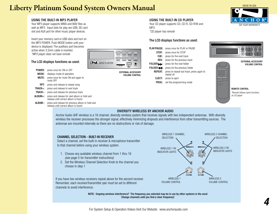 Liberty platinum sound system owners manual, Using the built-in mp3 player, Using the built-in cd player | The lcd displays functions as used | Anchor Audio Liberty Platinum User Manual | Page 4 / 8