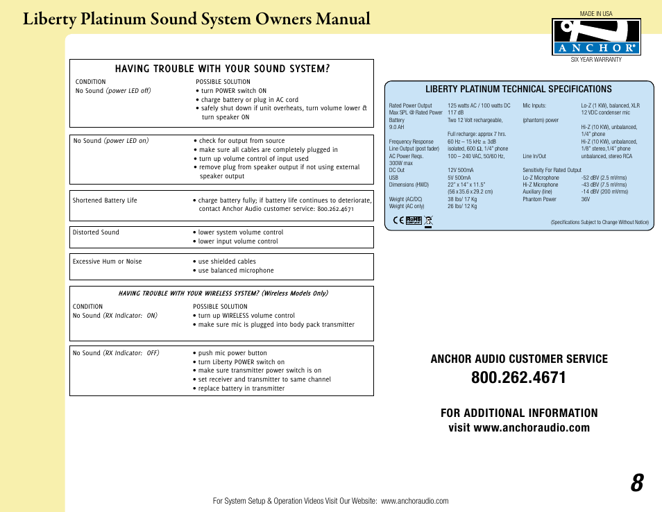 Liberty platinum sound system owners manual, Anchor audio customer service, Having trouble with your sound system | Liberty platinum technical specifications | Anchor Audio Liberty Platinum User Manual | Page 8 / 8