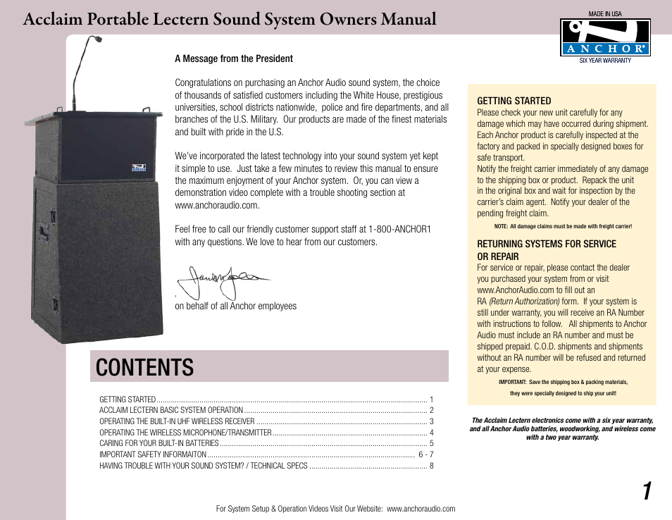 Anchor Audio Acclaim Lectern User Manual | 8 pages
