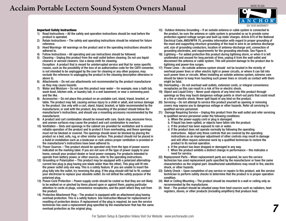 Anchor Audio Acclaim Lectern User Manual | Page 7 / 8