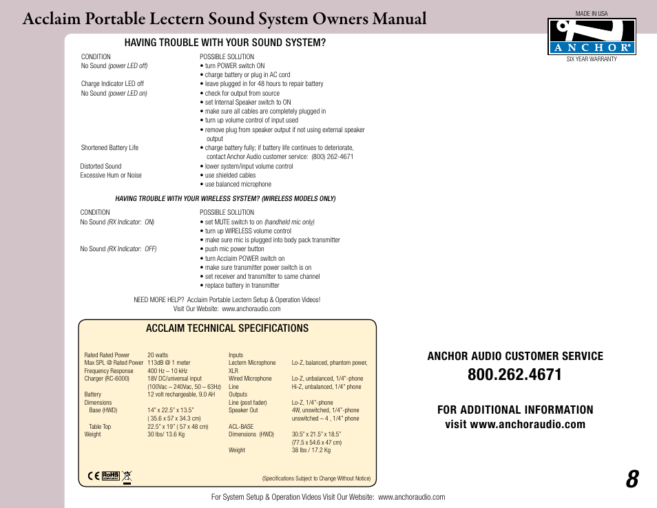 Anchor audio customer service, Acclaim technical specifications, Having trouble with your sound system | Anchor Audio Acclaim Lectern User Manual | Page 8 / 8