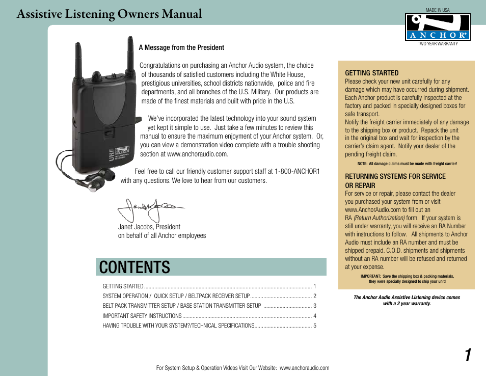 Anchor Audio Assistive Listening User Manual | 5 pages