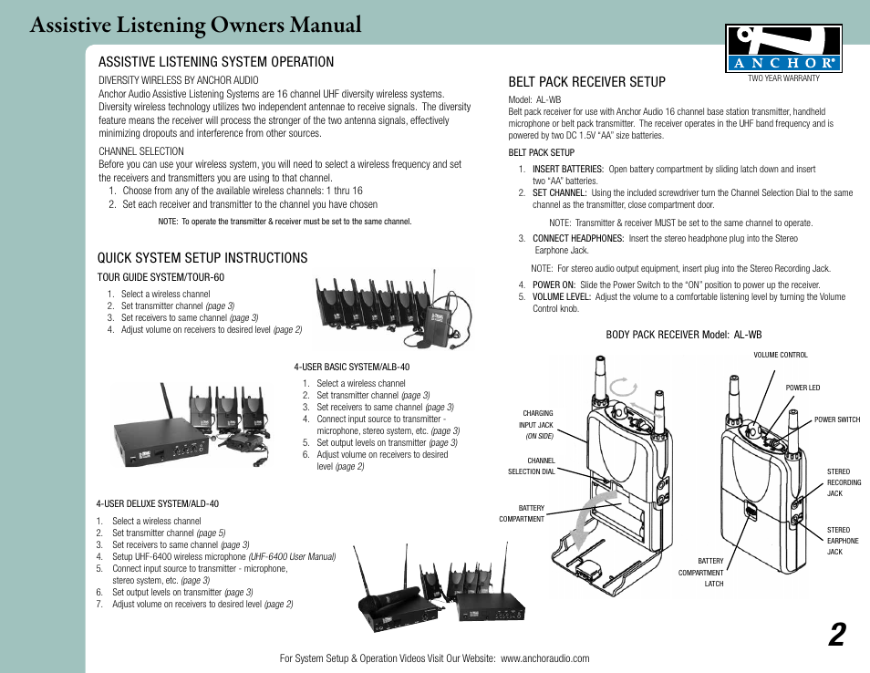 Assistive listening owners manual, Belt pack receiver setup, Assistive listening system operation | Quick system setup instructions | Anchor Audio Assistive Listening User Manual | Page 2 / 5