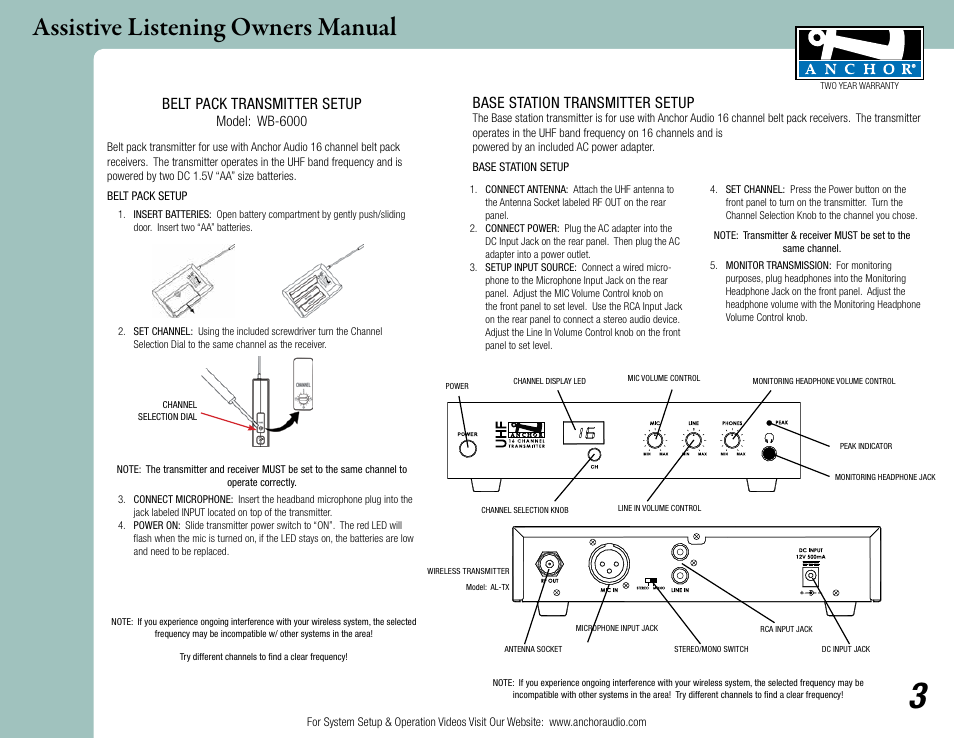 Assistive listening owners manual, Belt pack transmitter setup, Base station transmitter setup | Model: wb-6000 | Anchor Audio Assistive Listening User Manual | Page 3 / 5