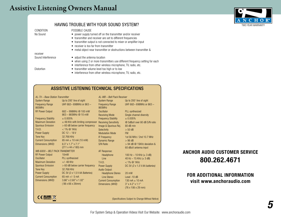 Assistive listening owners manual, Anchor audio customer service, Assistive listening technical specifications | Having trouble with your sound system | Anchor Audio Assistive Listening User Manual | Page 5 / 5
