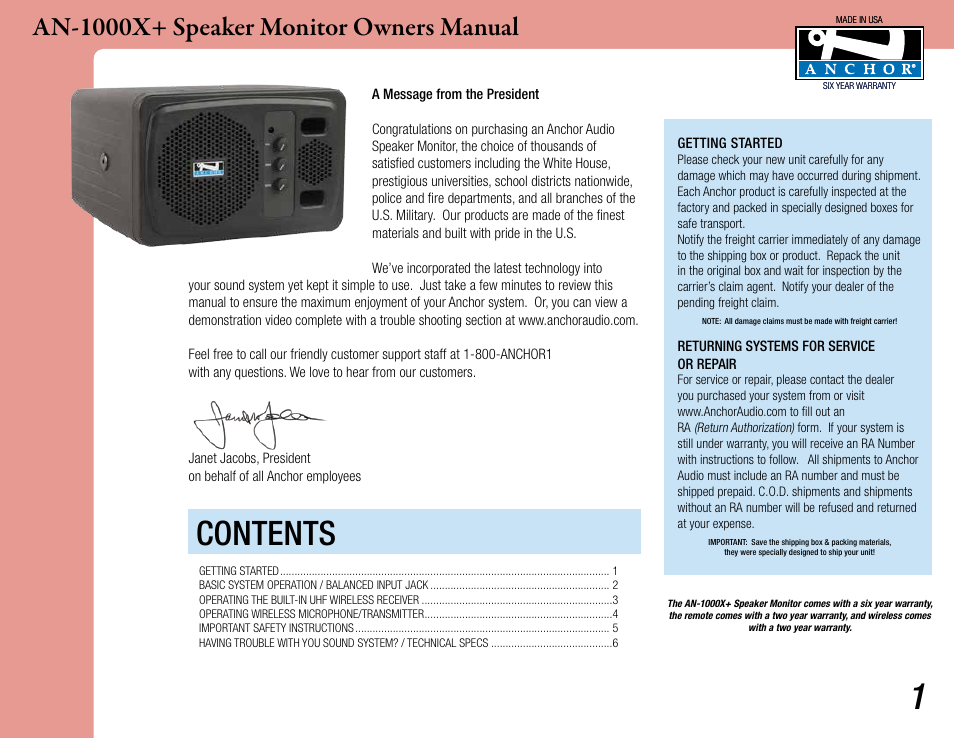 Anchor Audio AN-1000X+ Speaker Monitor User Manual | 6 pages