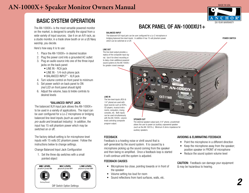 An-1000x+ speaker monitor owners manual | Anchor Audio AN-1000X+ Speaker Monitor User Manual | Page 2 / 6