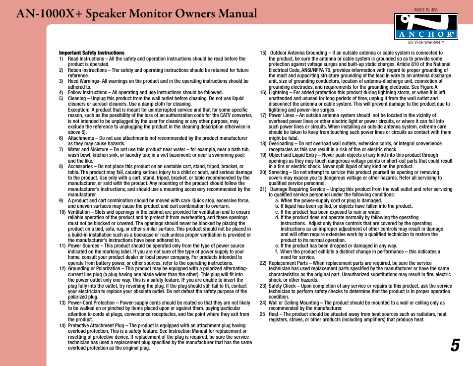 An-1000x+ speaker monitor owners manual | Anchor Audio AN-1000X+ Speaker Monitor User Manual | Page 5 / 6