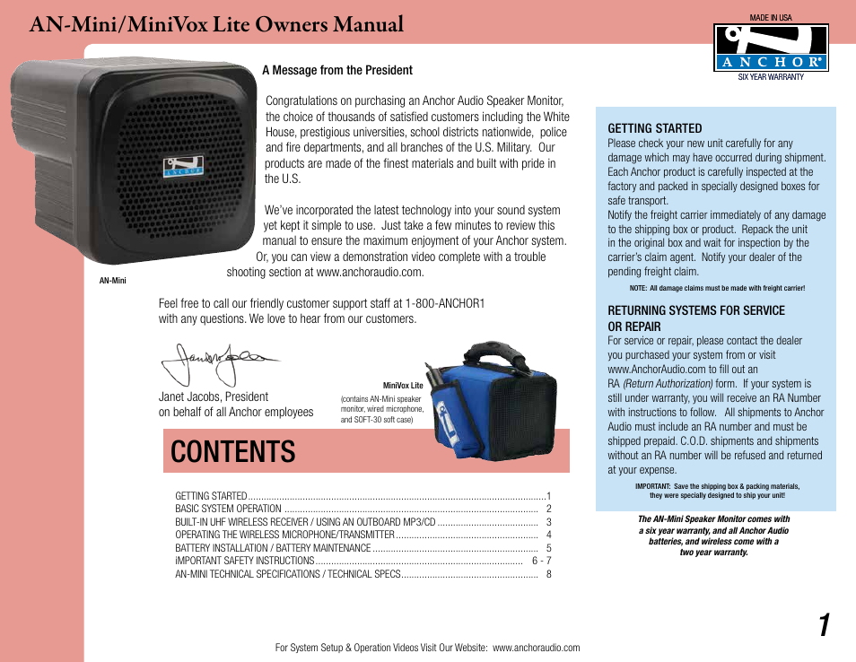 Anchor Audio AN-MINI_MiniVox Lite User Manual | 8 pages