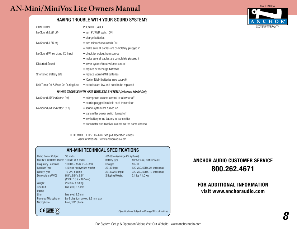 An-mini/minivox lite owners manual, Anchor audio customer service, An-mini technical specifications | Having trouble with your sound system | Anchor Audio AN-MINI_MiniVox Lite User Manual | Page 8 / 8