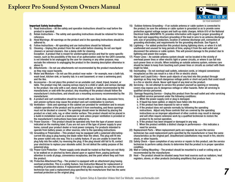 Explorer pro sound system owners manual | Anchor Audio Explorer Pro User Manual | Page 7 / 8