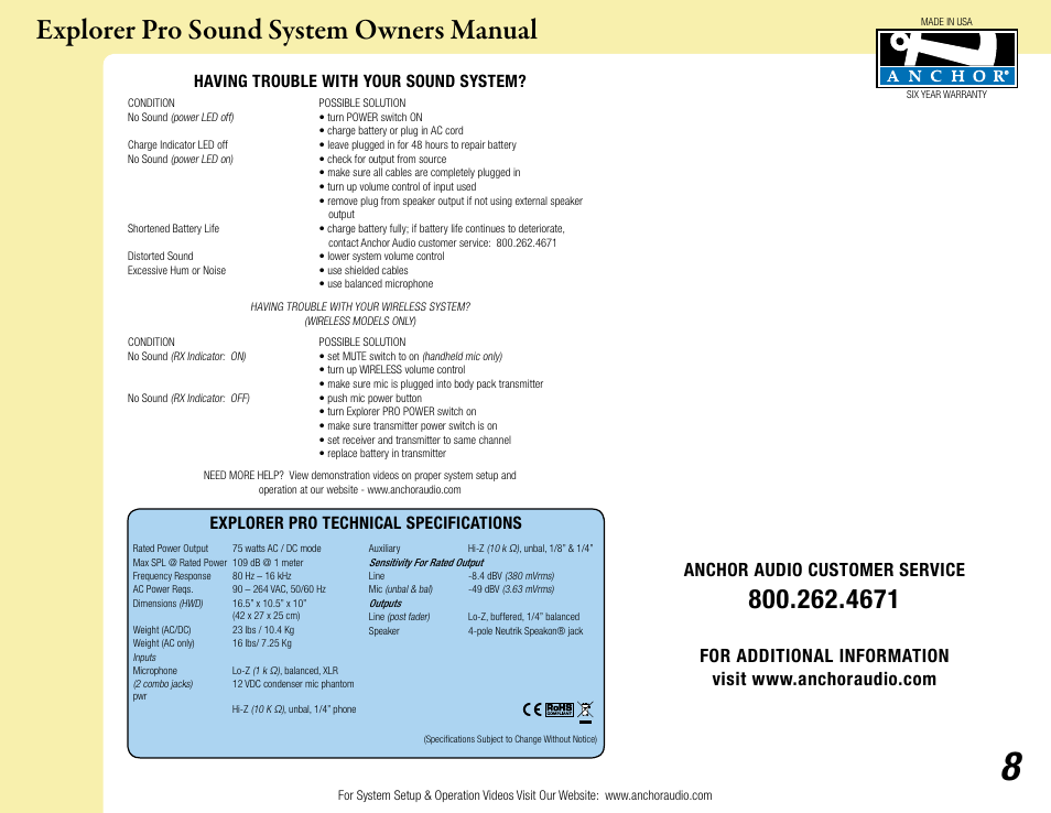Explorer pro sound system owners manual, Anchor audio customer service, Having trouble with your sound system | Explorer pro technical specifications | Anchor Audio Explorer Pro User Manual | Page 8 / 8