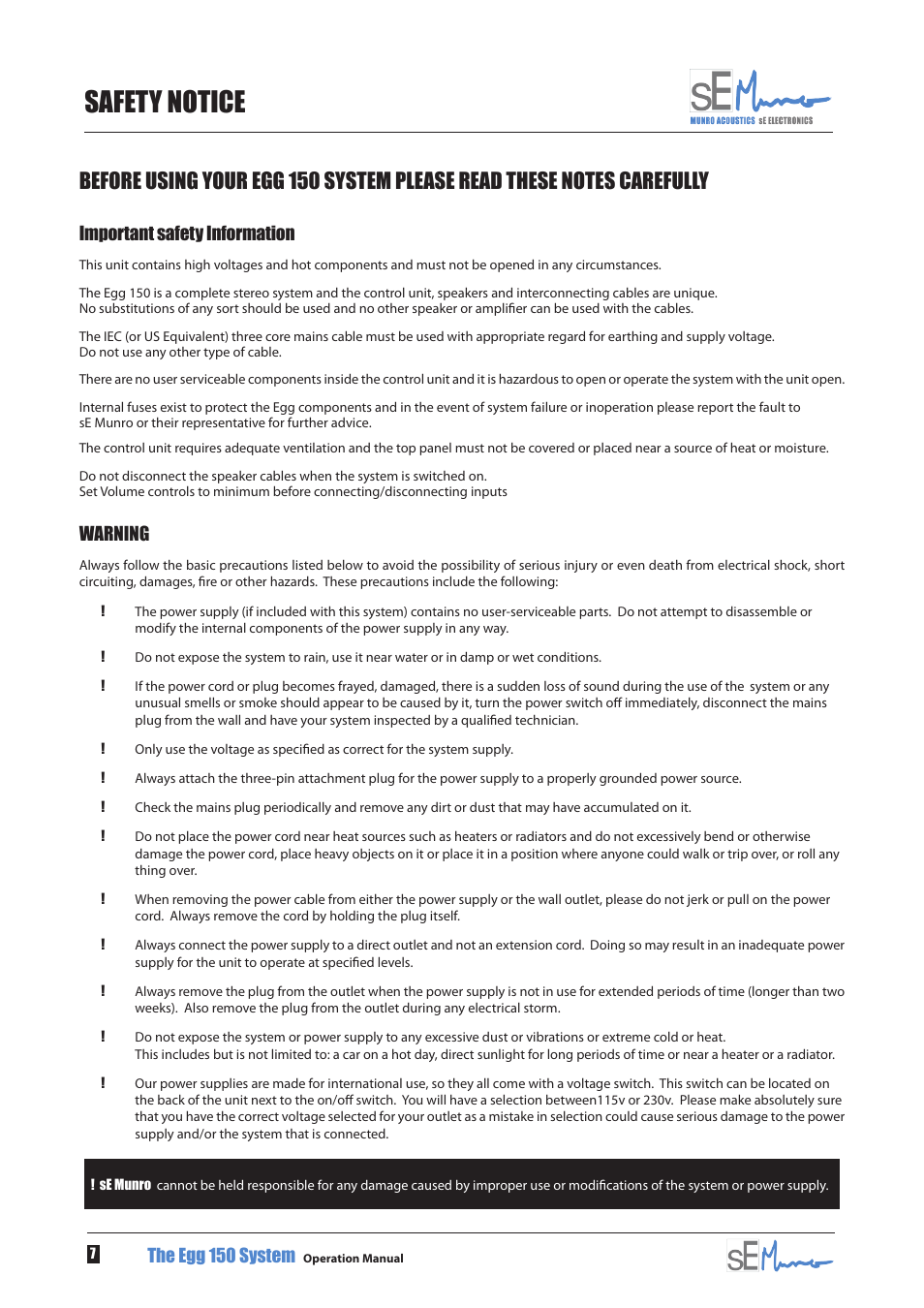 Safety notice, Important safety information, Warning | The egg 150 system | sE Electronics Munro Egg 150 User Manual | Page 10 / 12