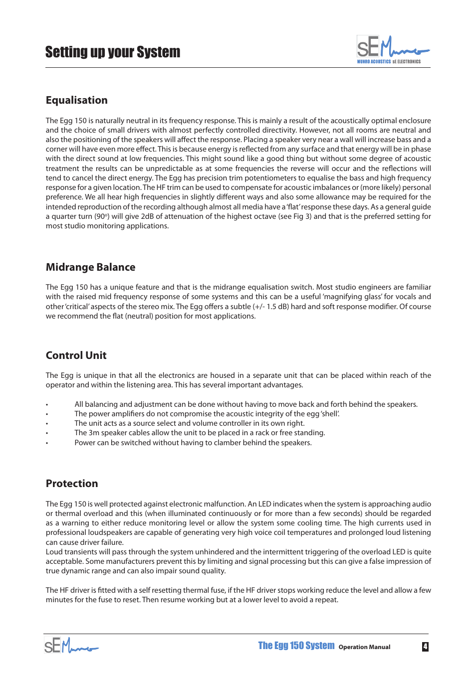 Setting up your system, Equalisation, Midrange balance | Control unit, Protection | sE Electronics Munro Egg 150 User Manual | Page 7 / 12