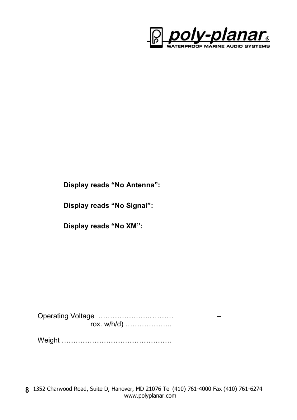 PolyPlanar IXM-10 XM User Manual | Page 8 / 9