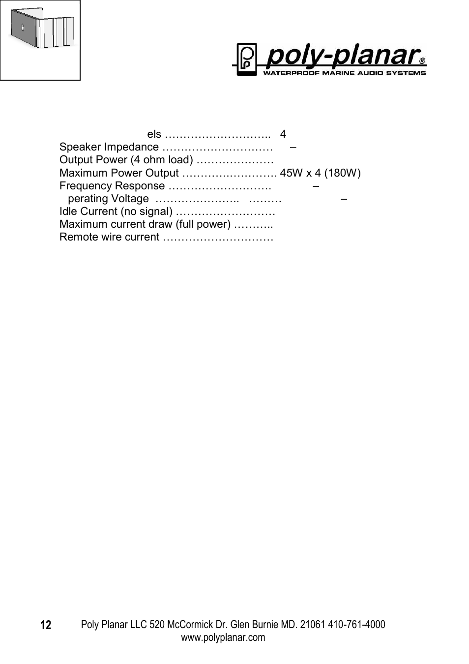 Specifications | PolyPlanar MRD-70 User Manual | Page 12 / 12