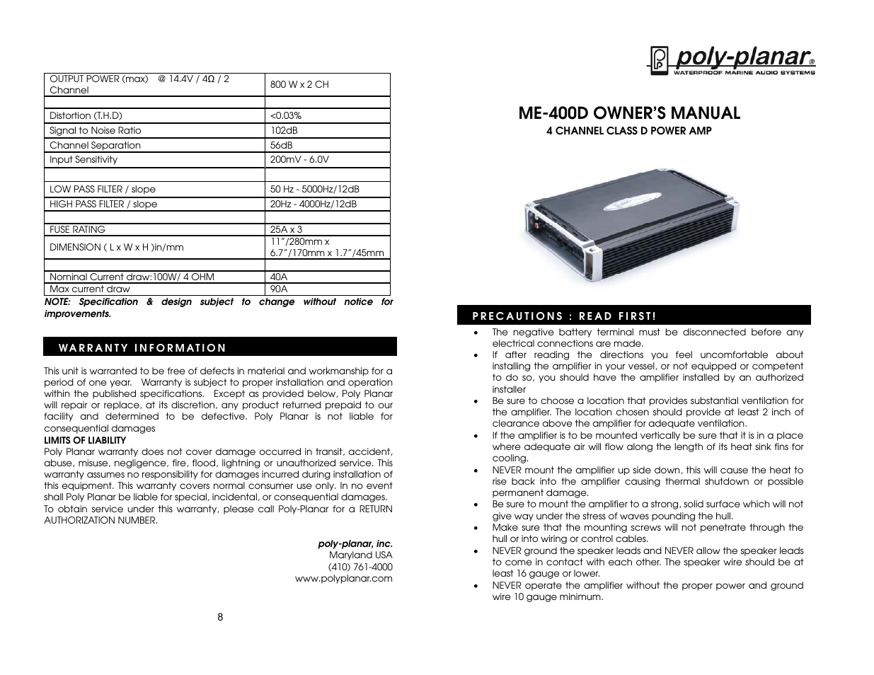 PolyPlanar ME-400D User Manual | 4 pages