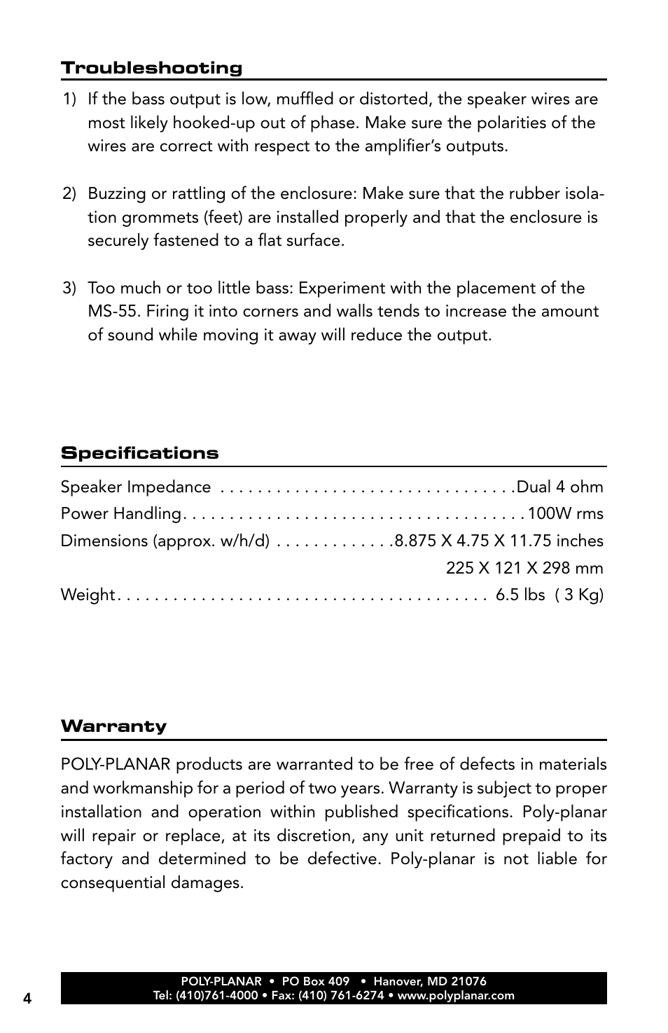 PolyPlanar MS55s User Manual | Page 4 / 4