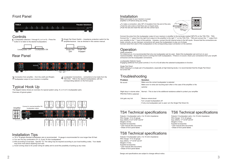 Ts4,6,8 user manual2.pdf, 32 installation, Operation | Troubleshooting, Ts8 technical specifications controls 1, Front panel 3, Rear panel, Typical hook up, Installation tips, Ts4 technical specifications | Theater-Solutions TS4 User Manual | Page 2 / 2