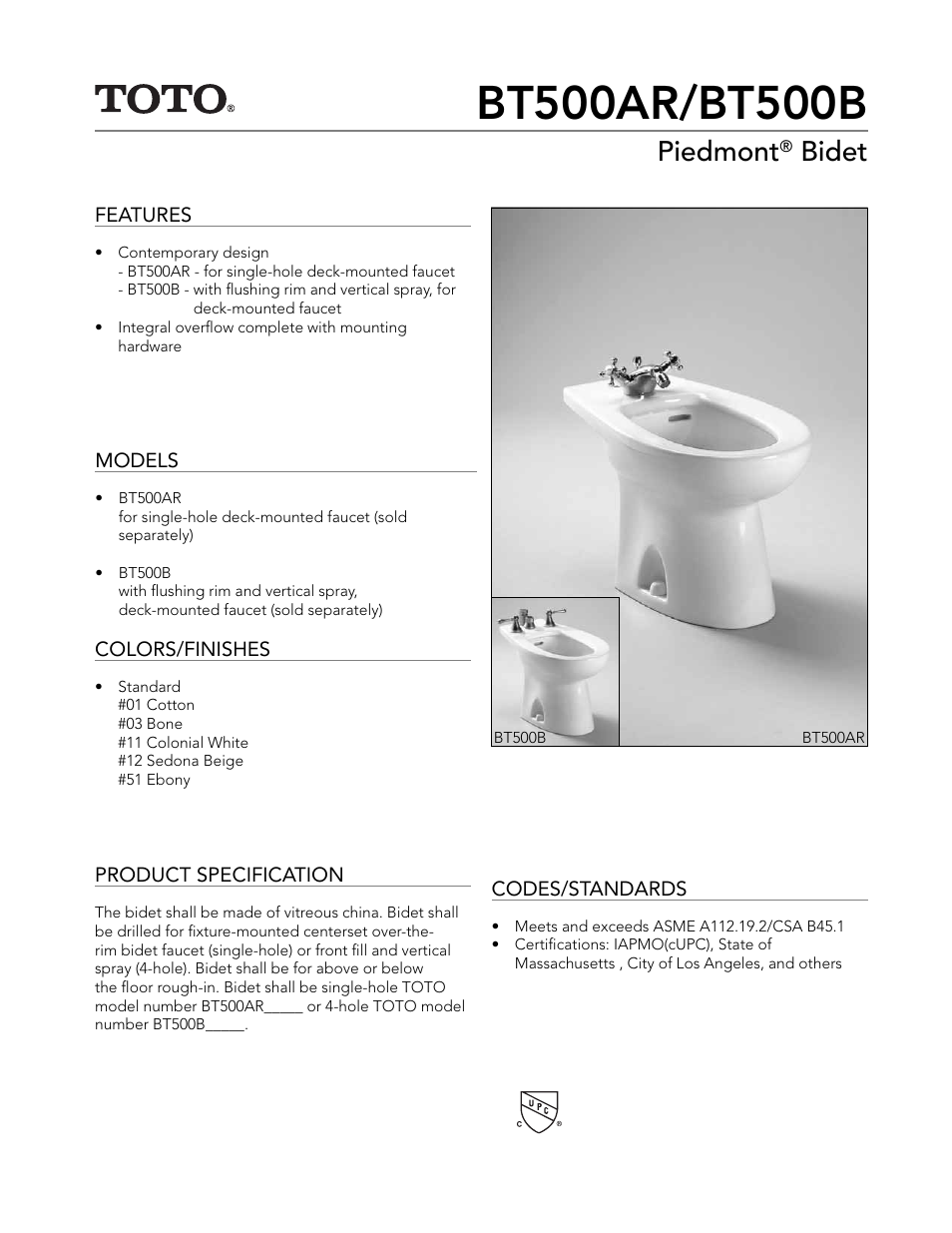 Factory Direct Hardware Toto BT500AR Piedmont User Manual | 2 pages